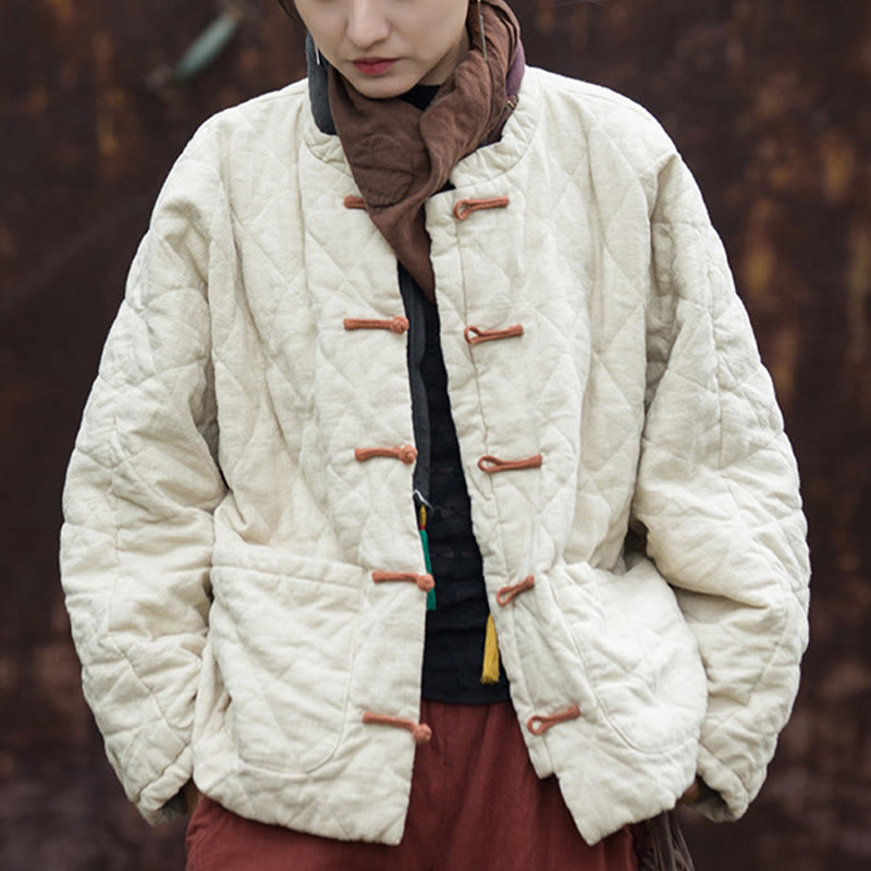 Winter Frog-Button Lines Open Front Cotton Long Sleeve Women's Thermal Jacket With Pockets