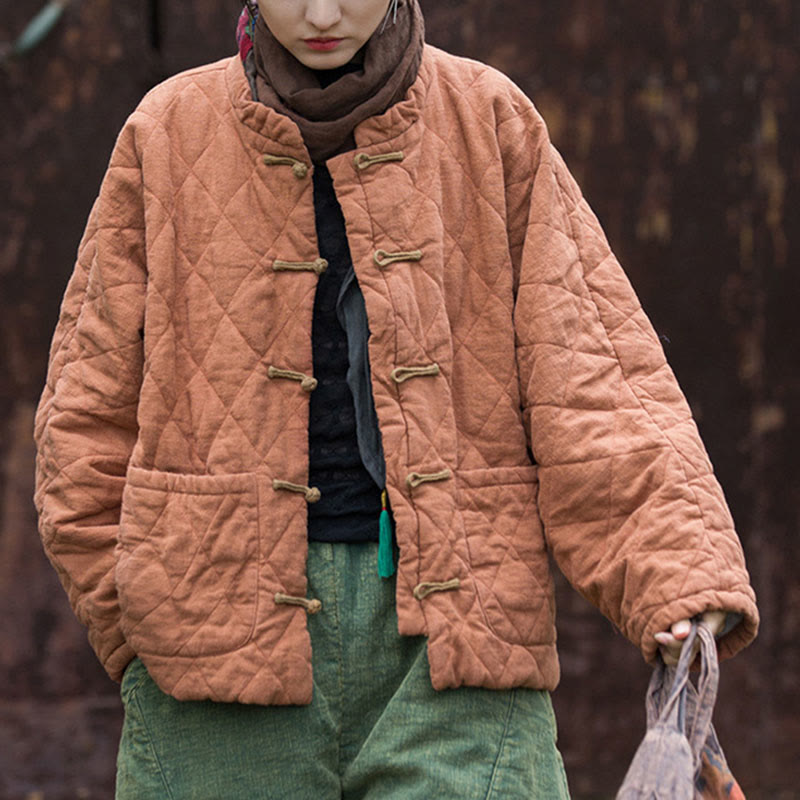 Winter Frog-Button Lines Open Front Cotton Long Sleeve Women's Thermal Jacket With Pockets