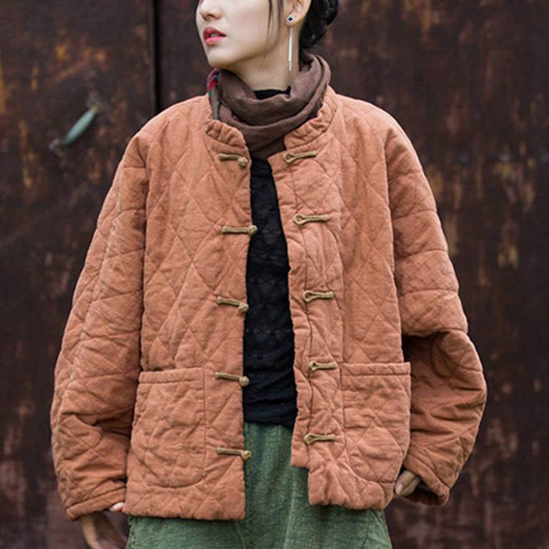 Winter Frog-Button Lines Open Front Cotton Long Sleeve Women's Thermal Jacket With Pockets
