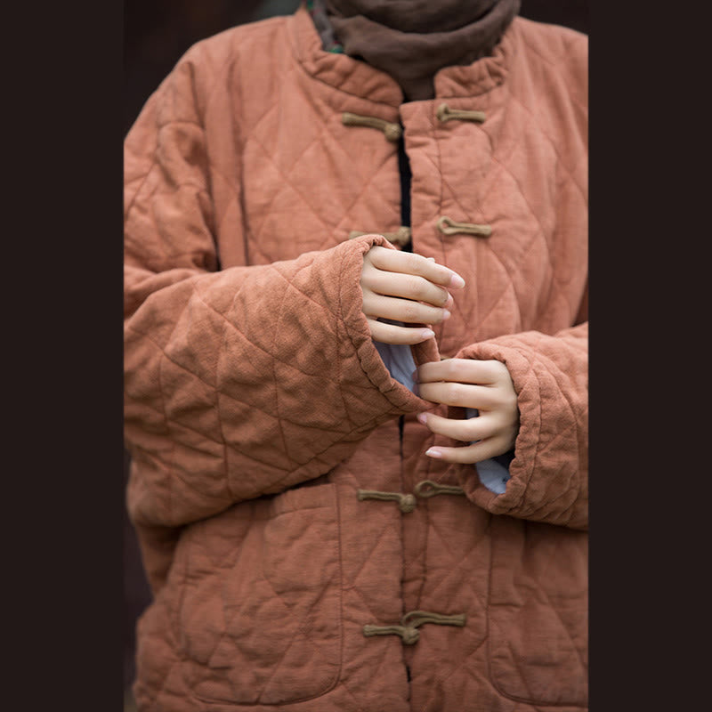 Winter Frog-Button Lines Open Front Cotton Long Sleeve Women's Thermal Jacket With Pockets