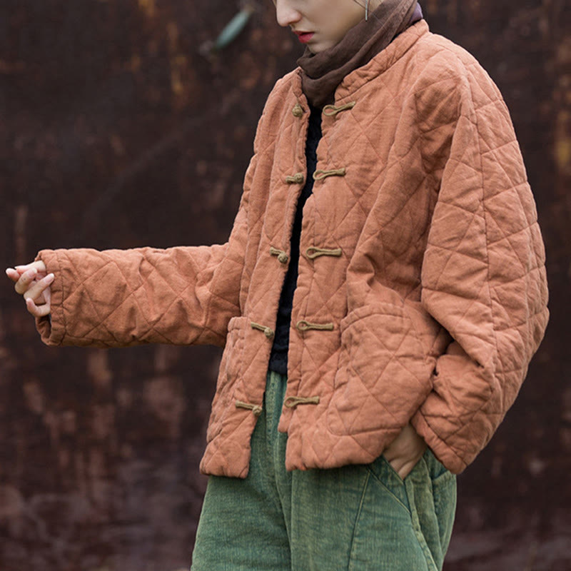 Winter Frog-Button Lines Open Front Cotton Long Sleeve Women's Thermal Jacket With Pockets