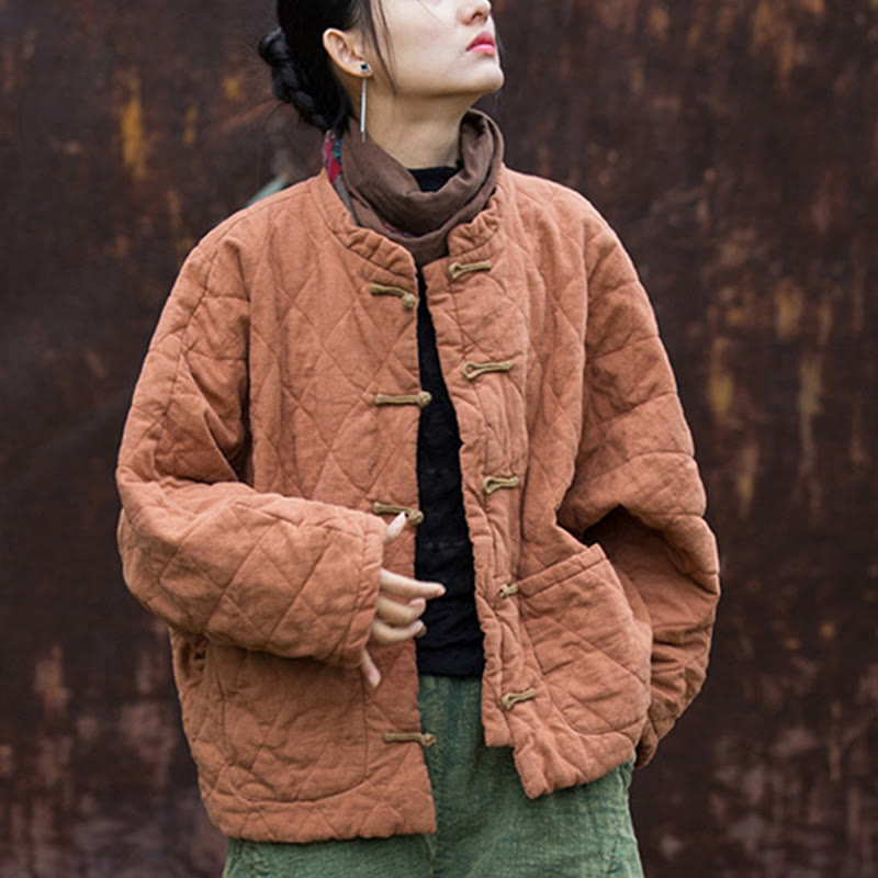 Winter Frog-Button Lines Open Front Cotton Long Sleeve Women's Thermal Jacket With Pockets