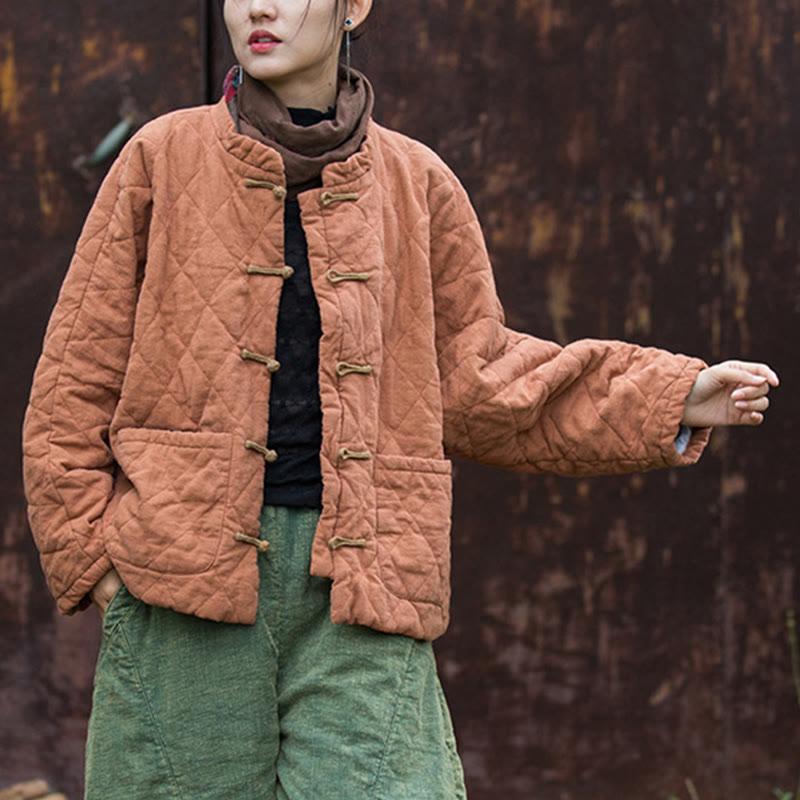 Winter Frog-Button Lines Open Front Cotton Long Sleeve Women's Thermal Jacket With Pockets