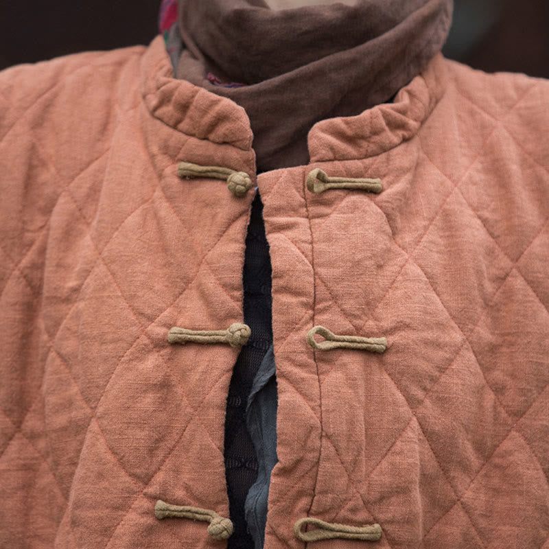 Winter Frog-Button Lines Open Front Cotton Long Sleeve Women's Thermal Jacket With Pockets