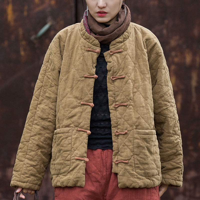 Winter Frog-Button Lines Open Front Cotton Long Sleeve Women's Thermal Jacket With Pockets