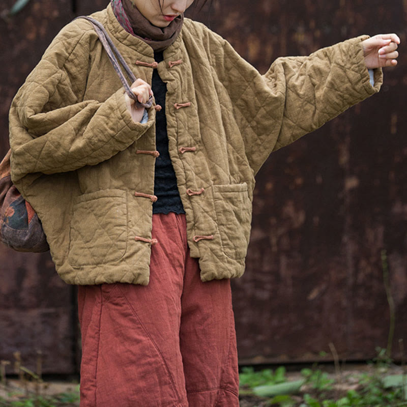 Winter Frog-Button Lines Open Front Cotton Long Sleeve Women's Thermal Jacket With Pockets