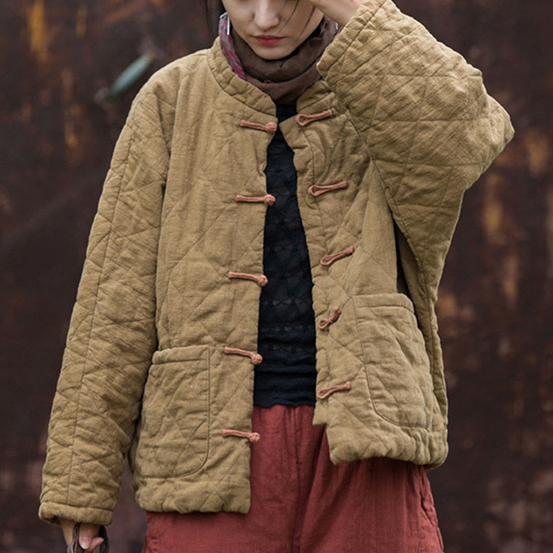 Winter Frog-Button Lines Open Front Cotton Long Sleeve Women's Thermal Jacket With Pockets