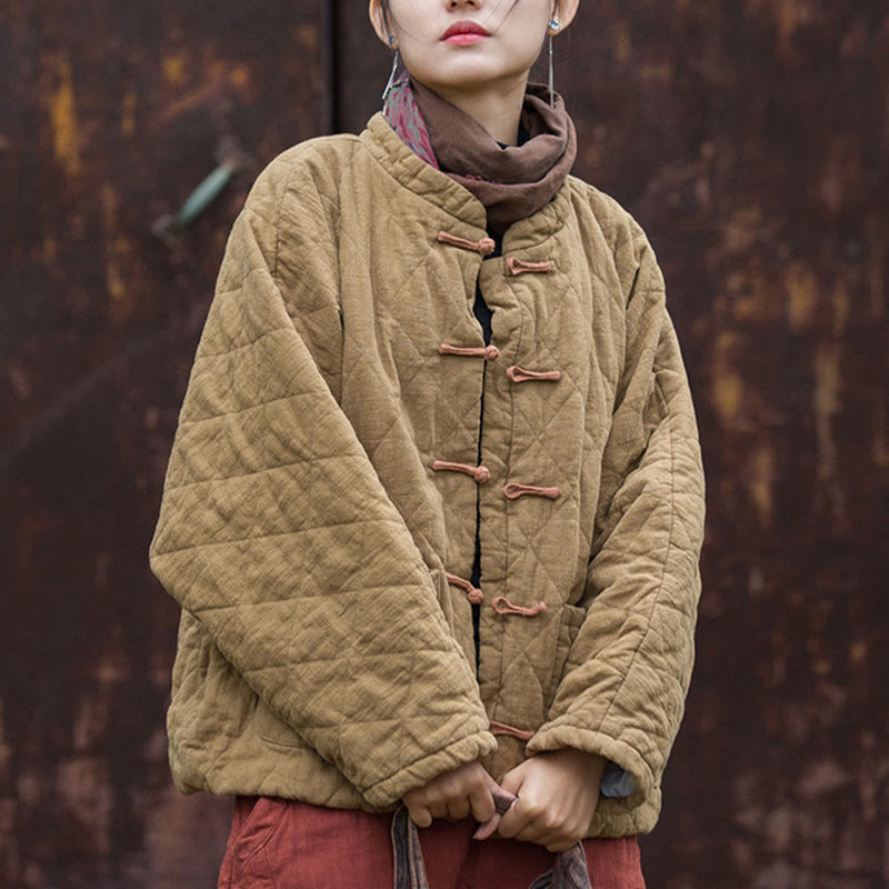 Winter Frog-Button Lines Open Front Cotton Long Sleeve Women's Thermal Jacket With Pockets