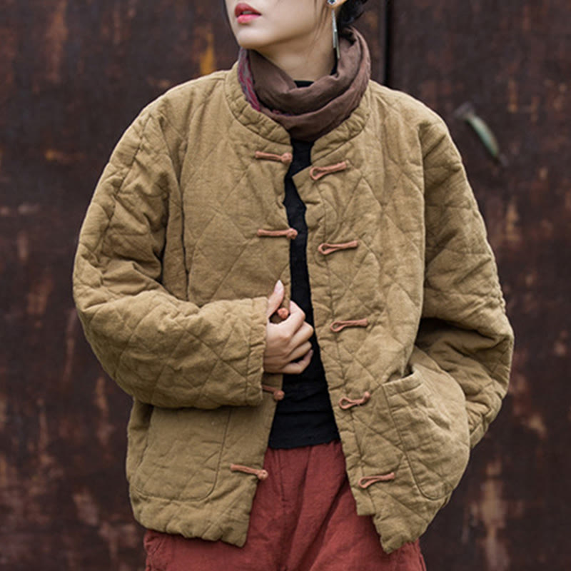 Winter Frog-Button Lines Open Front Cotton Long Sleeve Women's Thermal Jacket With Pockets