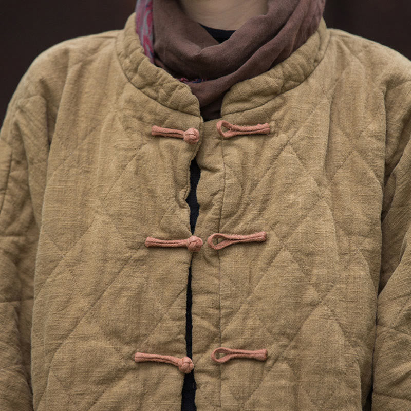 Winter Frog-Button Lines Open Front Cotton Long Sleeve Women's Thermal Jacket With Pockets