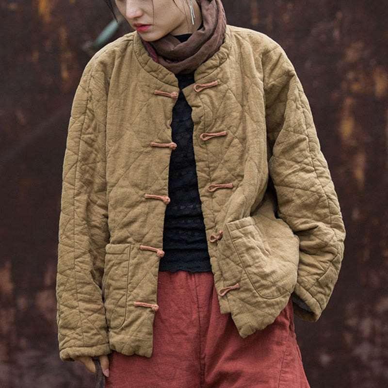 Winter Frog-Button Lines Open Front Cotton Long Sleeve Women's Thermal Jacket With Pockets