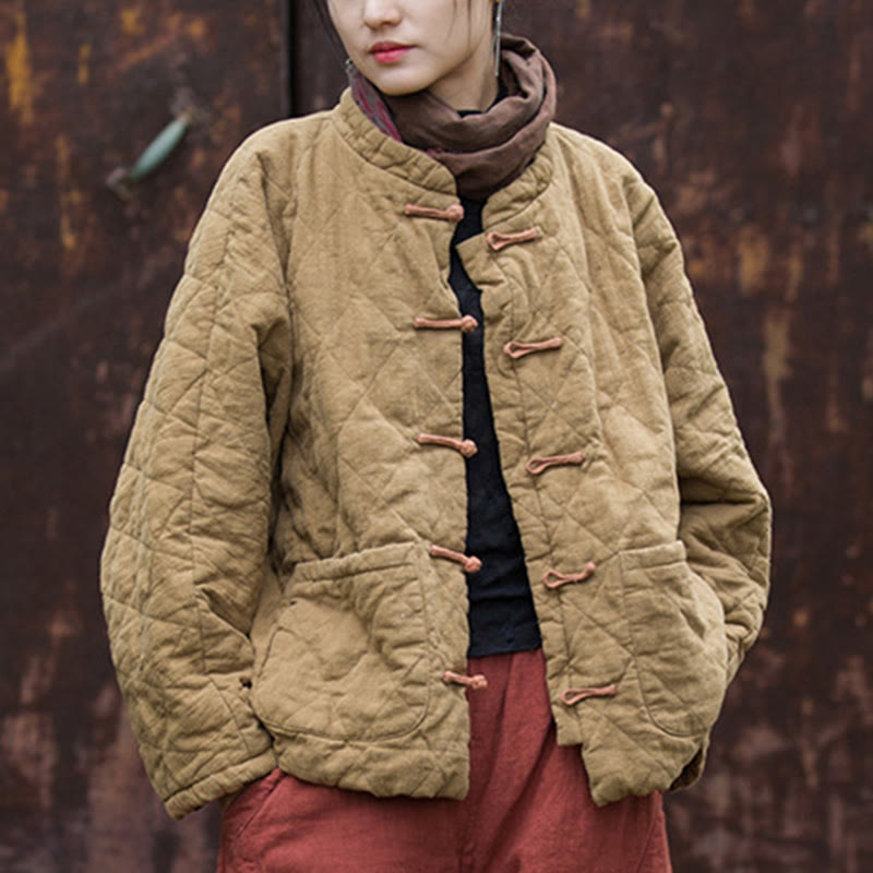 Winter Frog-Button Lines Open Front Cotton Long Sleeve Women's Thermal Jacket With Pockets