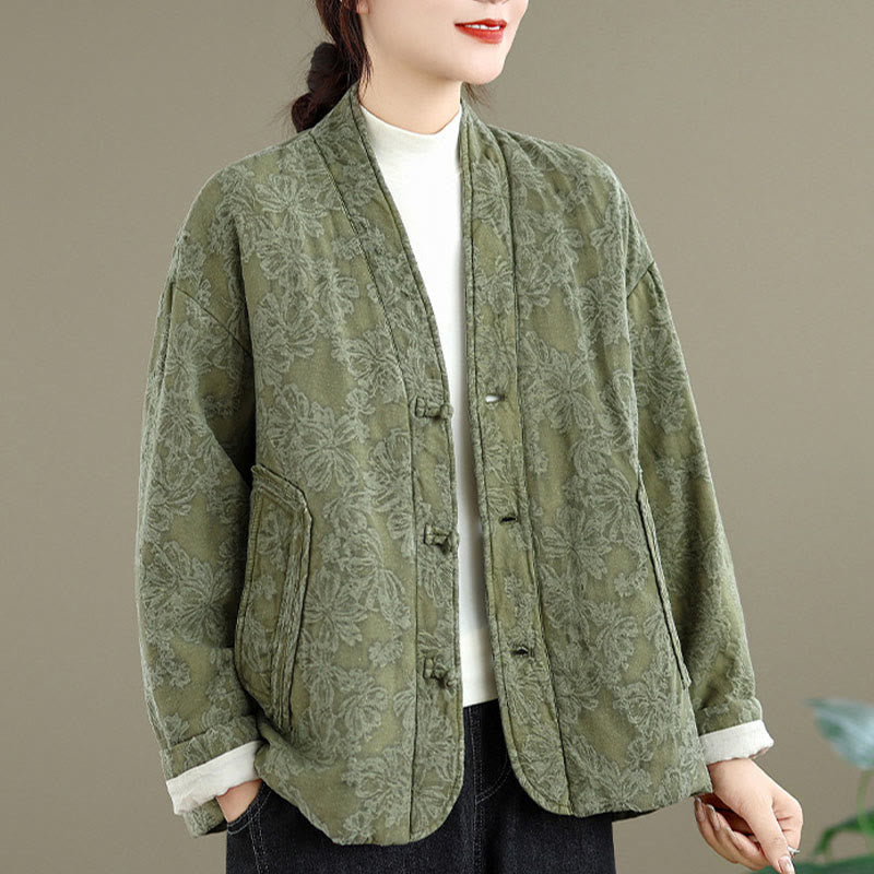 Winter V-Neck Jacquard Frog-Button Cotton Long Sleeve Women's Thermal Jacket With Pockets