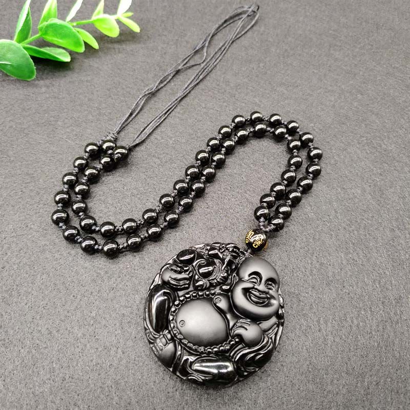 Laughing Buddha Pattern Black Obsidian Glass Fulfilment Necklace Pendant
