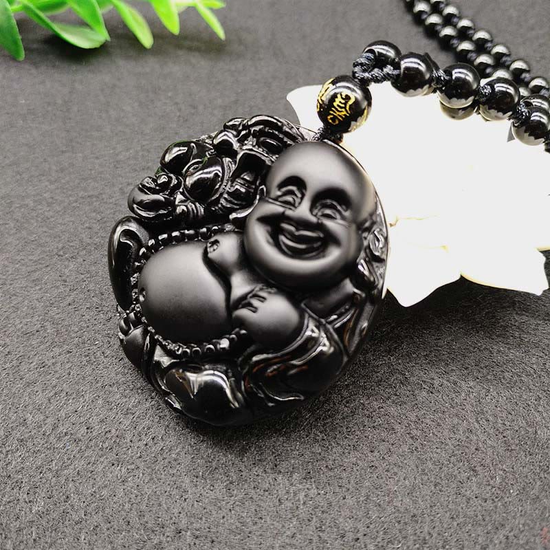 Laughing Buddha Pattern Black Obsidian Glass Fulfilment Necklace Pendant