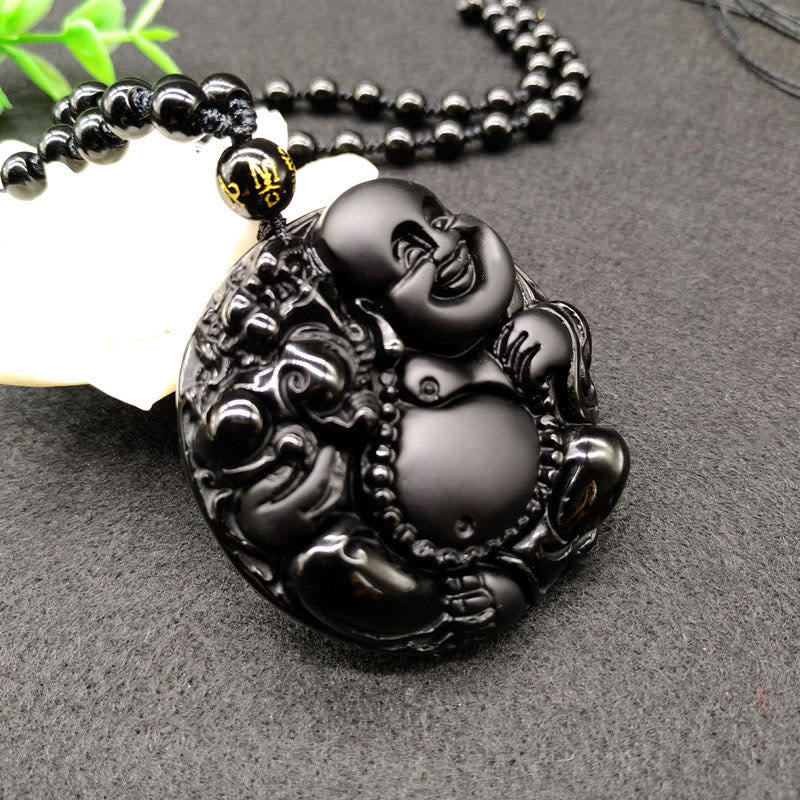 Laughing Buddha Pattern Black Obsidian Glass Fulfilment Necklace Pendant