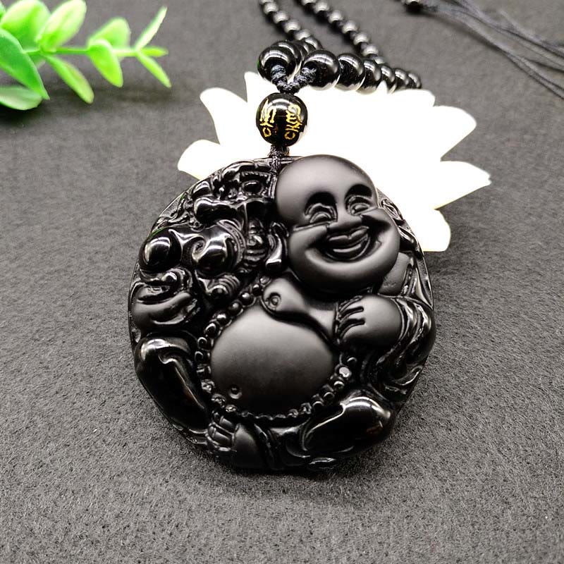 Laughing Buddha Pattern Black Obsidian Glass Fulfilment Necklace Pendant