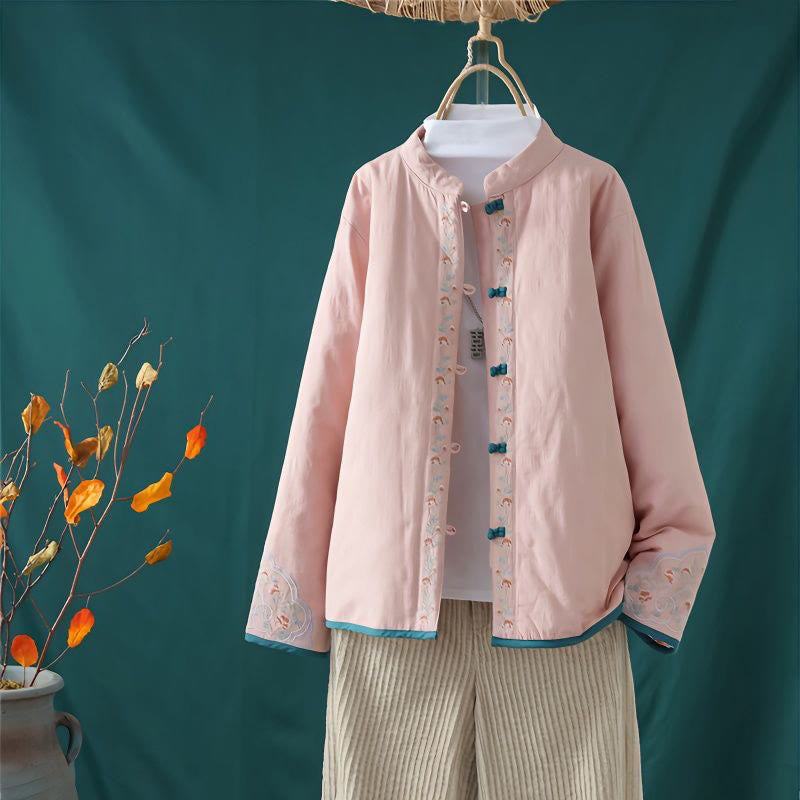 Winter Frog-Button Embroidery Flowers Vines Open Front Cotton Long Sleeve Women's Thermal Jacket