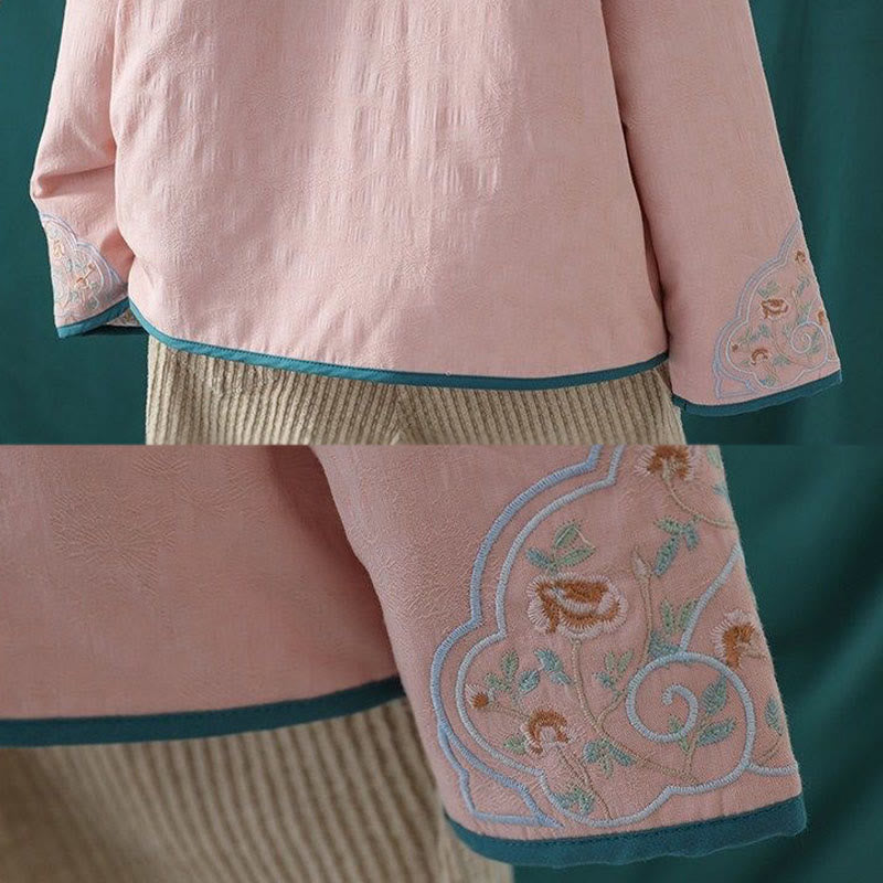 Winter Frog-Button Embroidery Flowers Vines Open Front Cotton Long Sleeve Women's Thermal Jacket