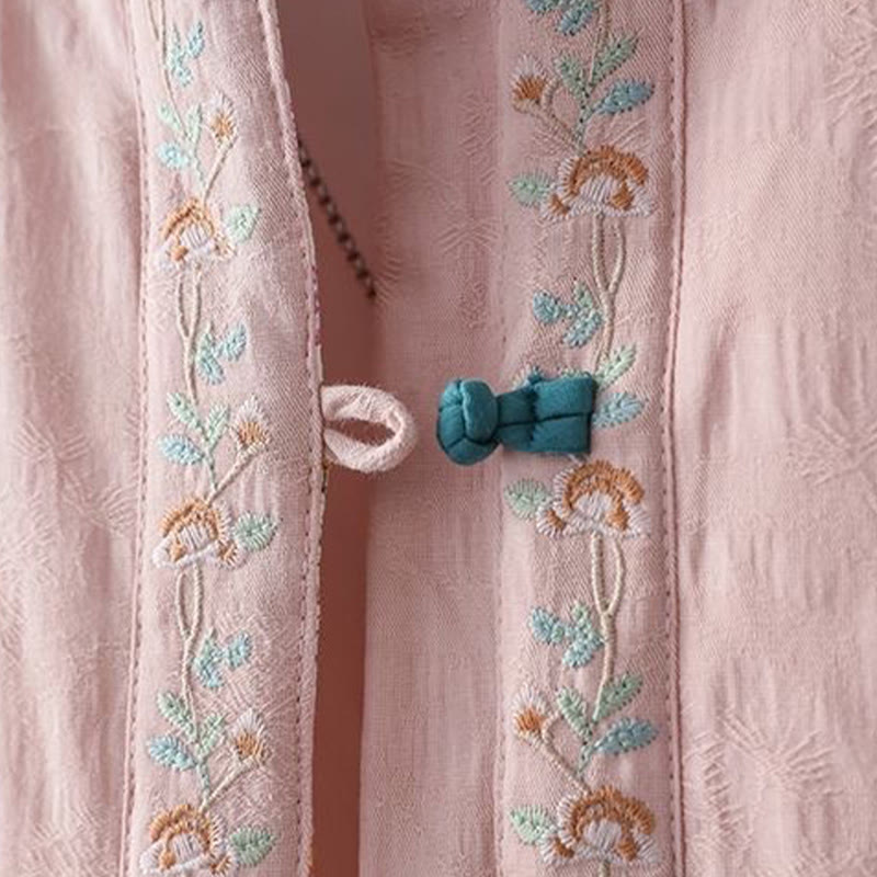 Winter Frog-Button Embroidery Flowers Vines Open Front Cotton Long Sleeve Women's Thermal Jacket