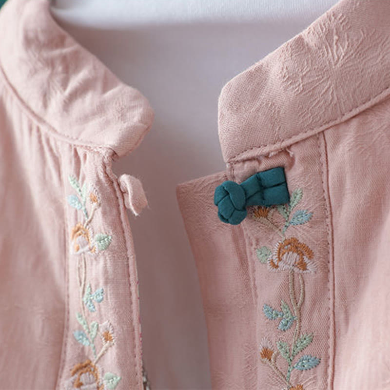 Winter Frog-Button Embroidery Flowers Vines Open Front Cotton Long Sleeve Women's Thermal Jacket