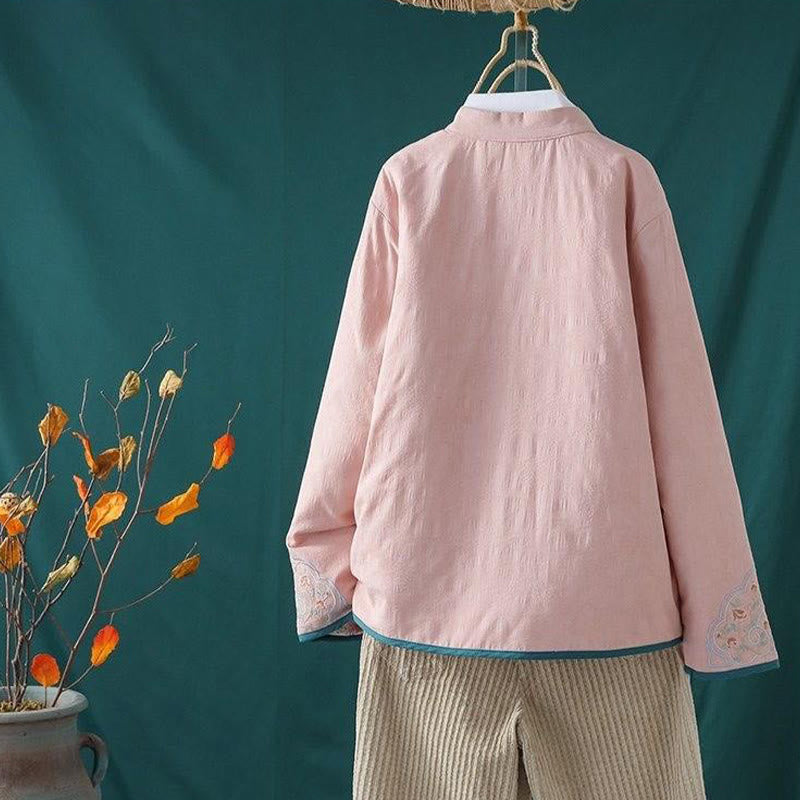 Winter Frog-Button Embroidery Flowers Vines Open Front Cotton Long Sleeve Women's Thermal Jacket