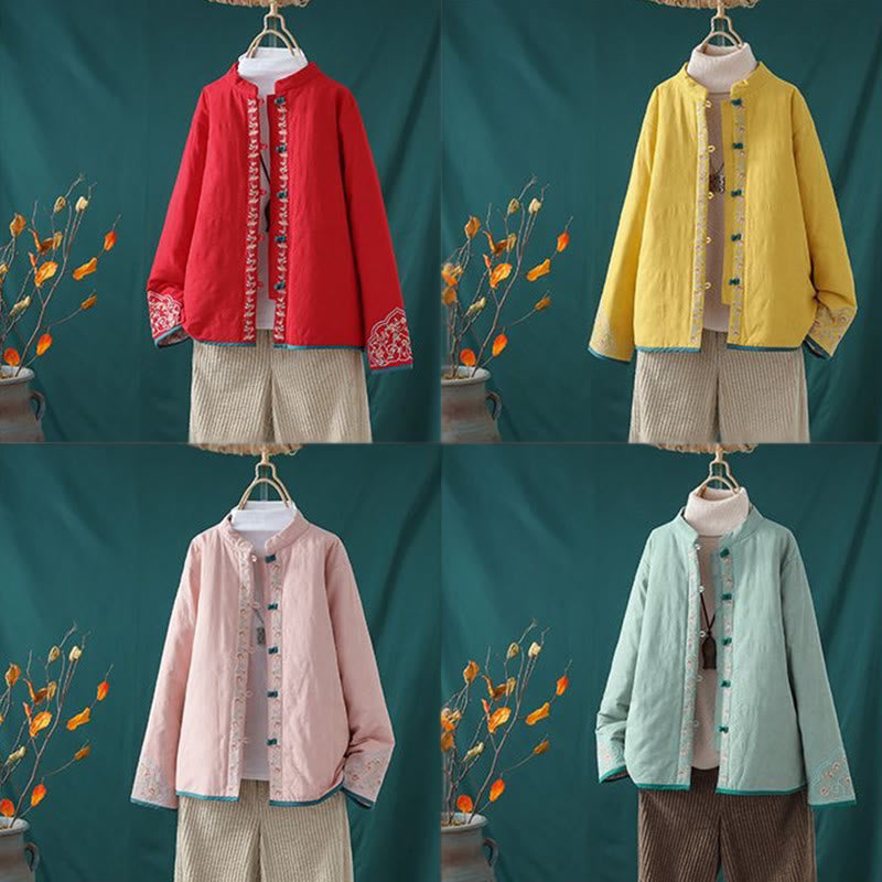 Winter Frog-Button Embroidery Flowers Vines Open Front Cotton Long Sleeve Women's Thermal Jacket