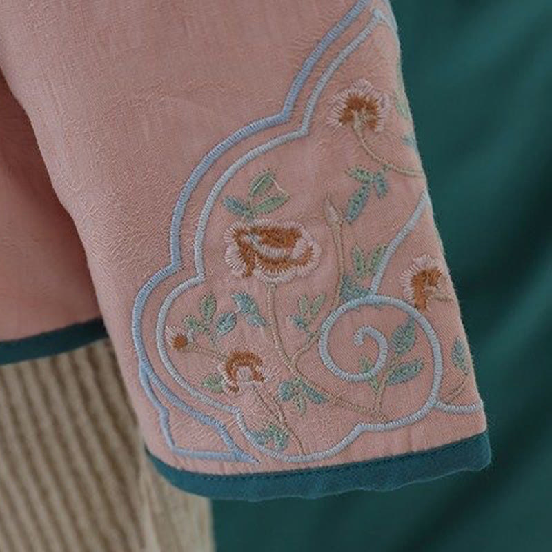 Winter Frog-Button Embroidery Flowers Vines Open Front Cotton Long Sleeve Women's Thermal Jacket