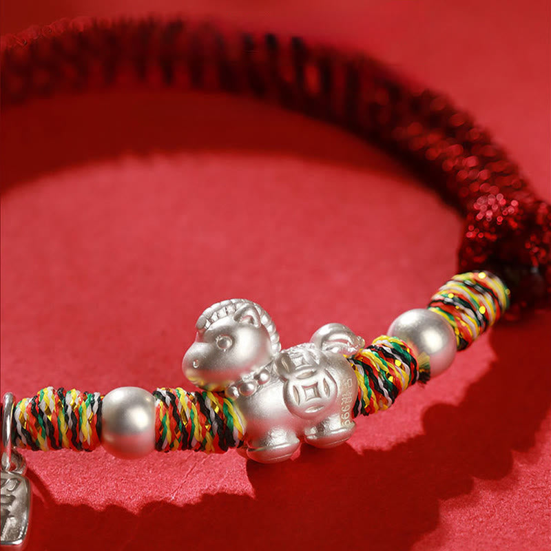 Handmade 999 Fine Silver Horse Zodiac Braided Red String Bracelet