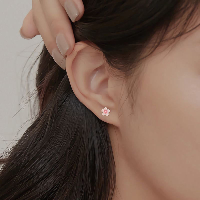 Handmade 999 Fine Silver Peach Blossom Stud Earrings with 925 Sterling Silver Posts