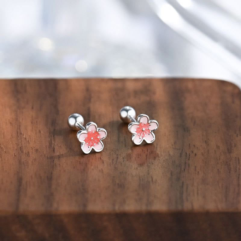 Handmade 999 Fine Silver Peach Blossom Stud Earrings with 925 Sterling Silver Posts