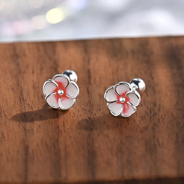 Handmade 999 Fine Silver Peach Blossom Stud Earrings with 925 Sterling Silver Posts