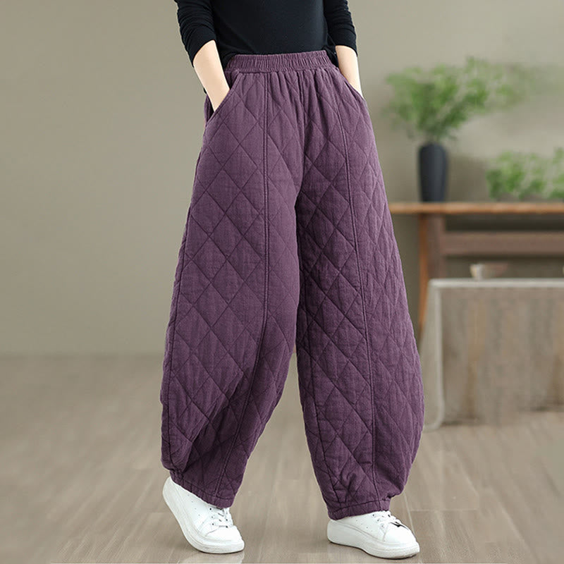 Winter Diamond Pattern Cotton Women's Pants With Pockets