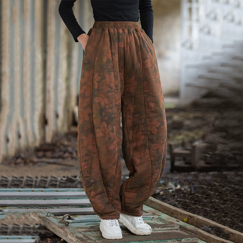 Thick Cotton Floral Print Harem Meditation Pants with Pockets
