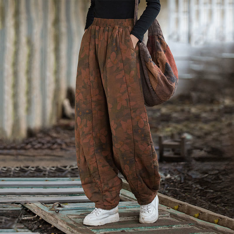 Thick Cotton Floral Print Harem Meditation Pants with Pockets