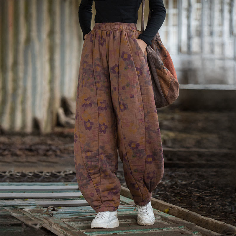 Thick Cotton Floral Print Harem Meditation Pants with Pockets