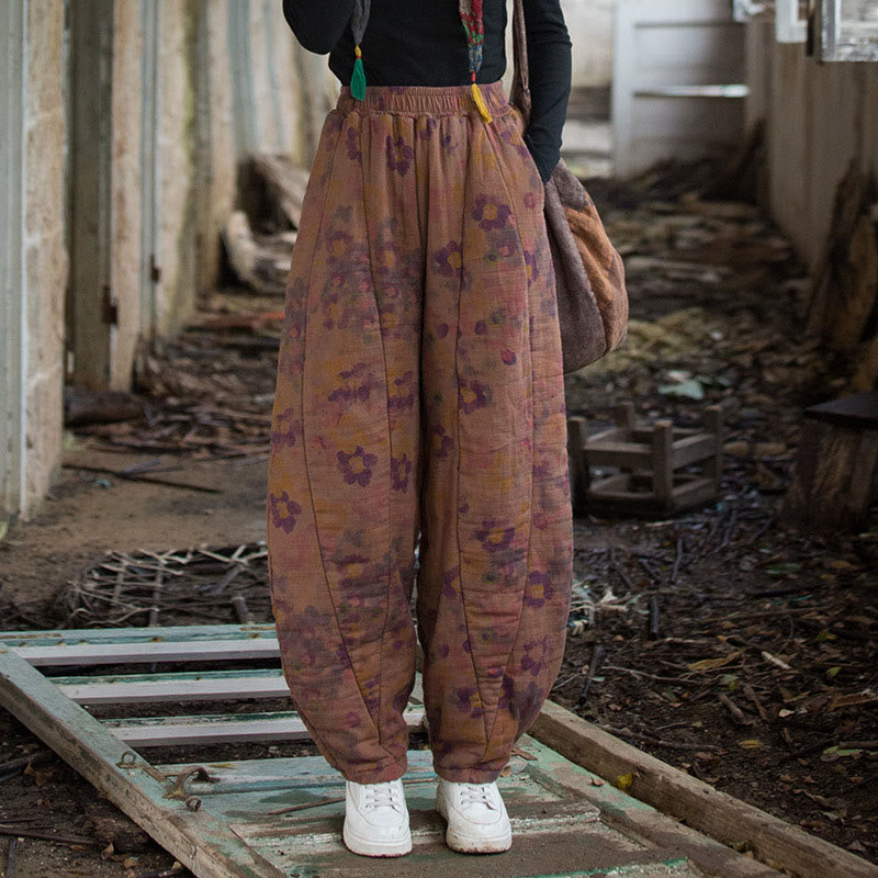 Thick Cotton Floral Print Harem Meditation Pants with Pockets