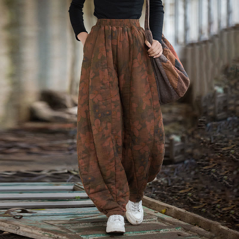 Thick Cotton Floral Print Harem Meditation Pants with Pockets