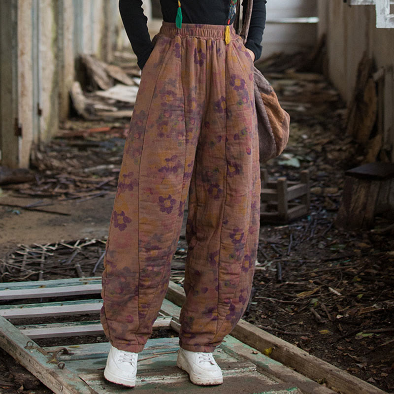 Thick Cotton Floral Print Harem Meditation Pants with Pockets