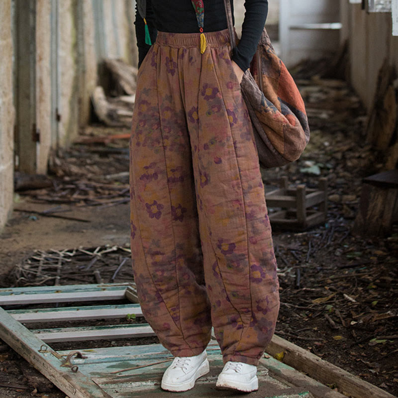 Thick Cotton Floral Print Harem Meditation Pants with Pockets