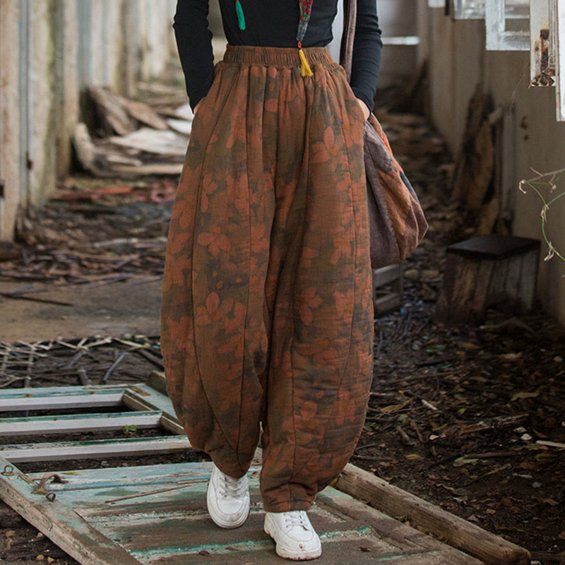 Thick Cotton Floral Print Harem Meditation Pants with Pockets