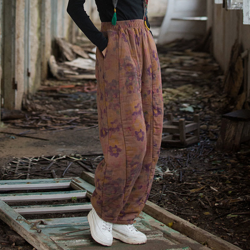 Thick Cotton Floral Print Harem Meditation Pants with Pockets