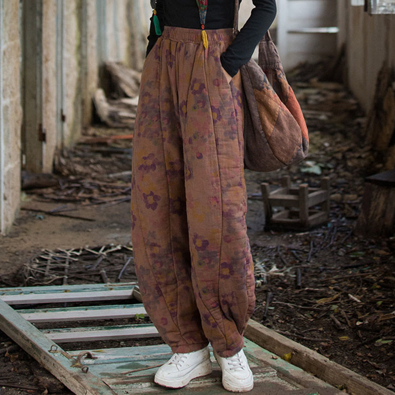 Thick Cotton Floral Print Harem Meditation Pants with Pockets