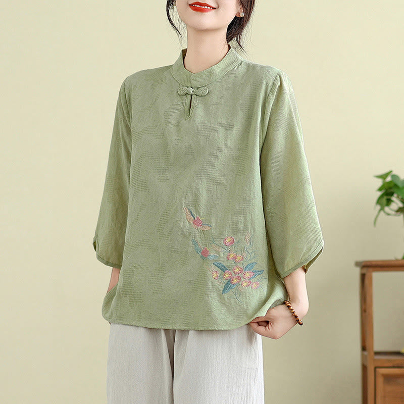 Flower Embroidery Three Quarter Sleeve One Frog-Button Mandarin Collar Cotton Women's Shirt