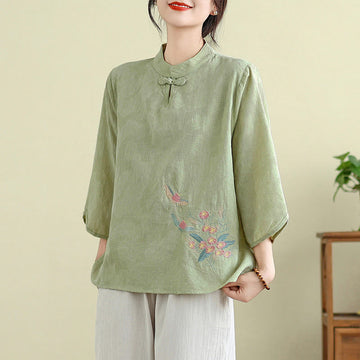 Flower Embroidery Three Quarter Sleeve One Frog-Button Mandarin Collar Cotton Women's Shirt