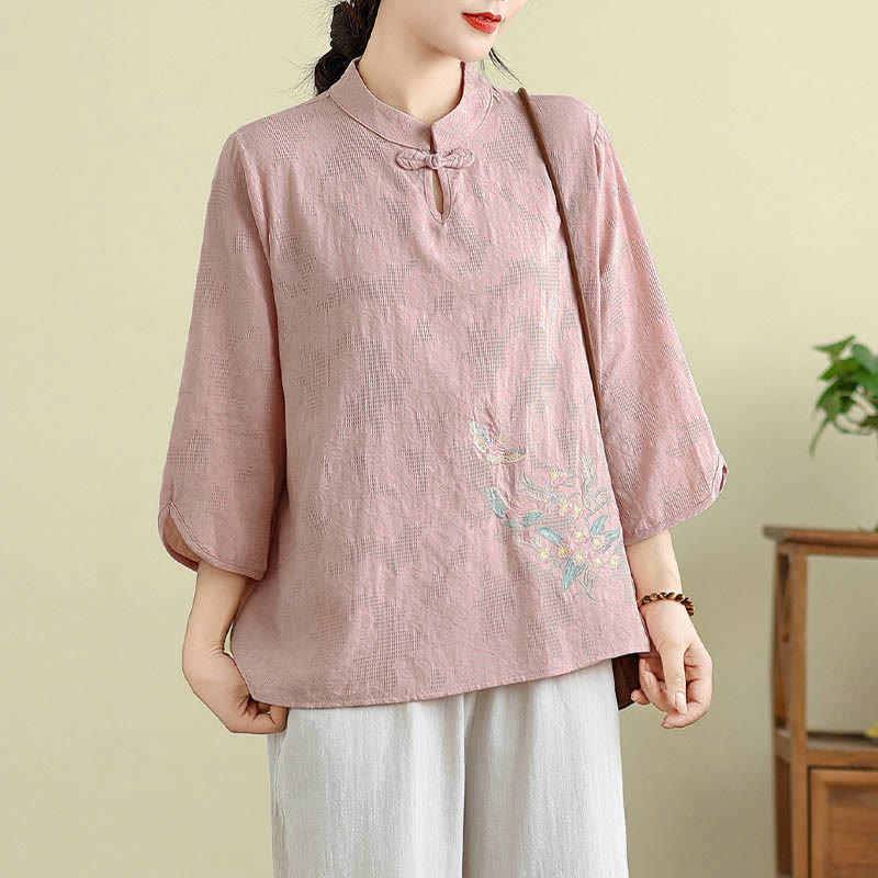 Flower Embroidery Three Quarter Sleeve One Frog-Button Mandarin Collar Cotton Women's Shirt
