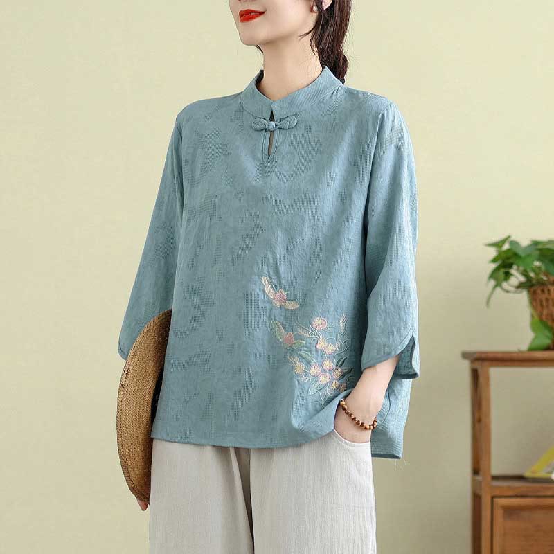 Flower Embroidery Three Quarter Sleeve One Frog-Button Mandarin Collar Cotton Women's Shirt