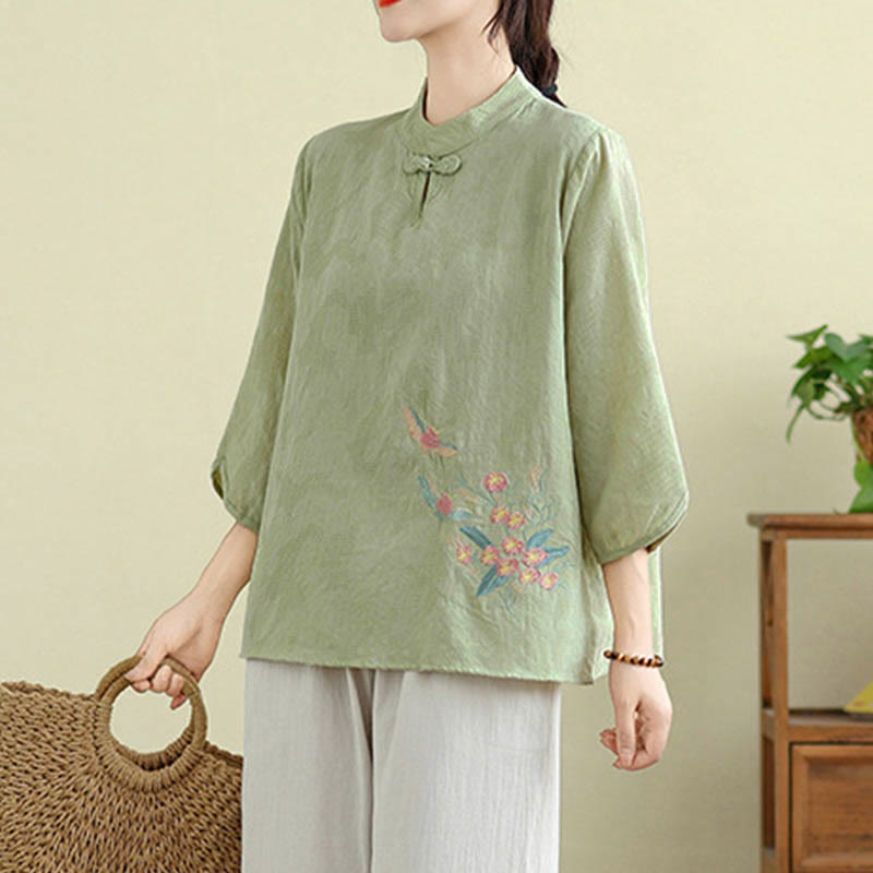 Flower Embroidery Three Quarter Sleeve One Frog-Button Mandarin Collar Cotton Women's Shirt