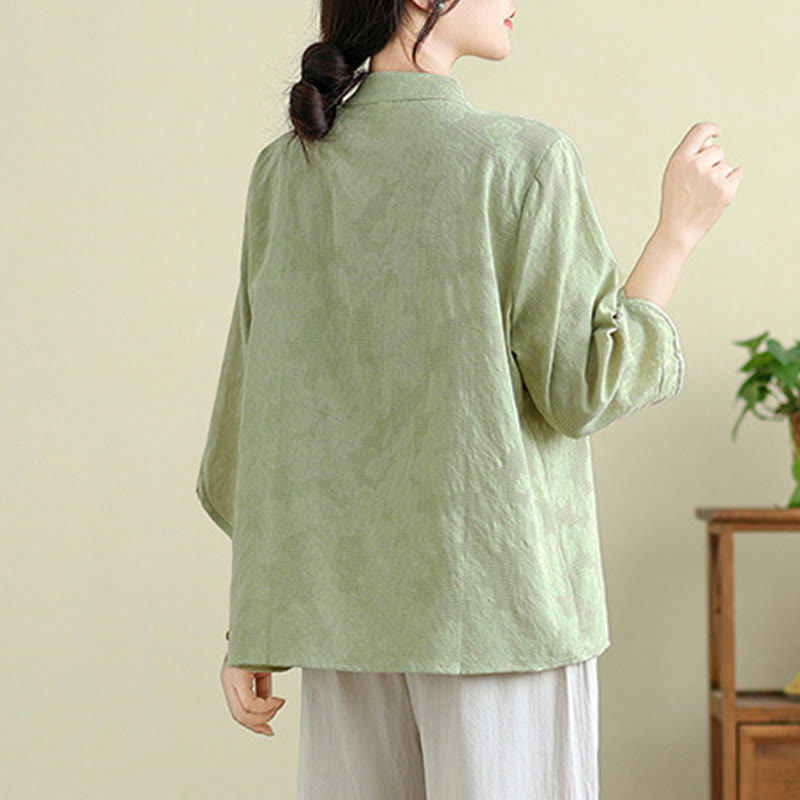 Flower Embroidery Three Quarter Sleeve One Frog-Button Mandarin Collar Cotton Women's Shirt