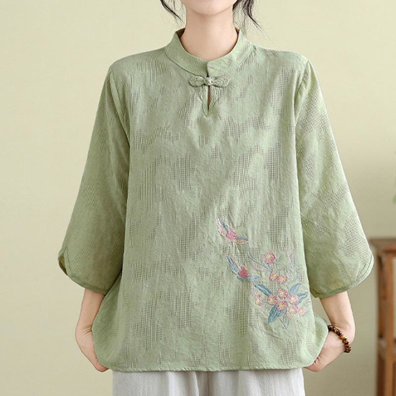 Flower Embroidery Three Quarter Sleeve One Frog-Button Mandarin Collar Cotton Women's Shirt